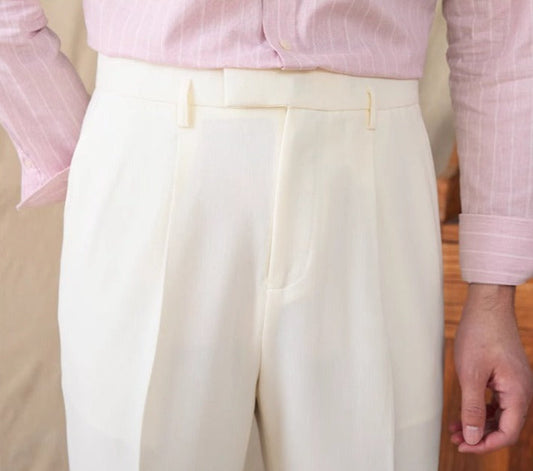 Business Cotton Blend Pleated Straight Fit Trousers