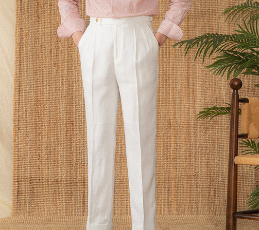 St. Julian Linen Straight Fit Pleated Trousers