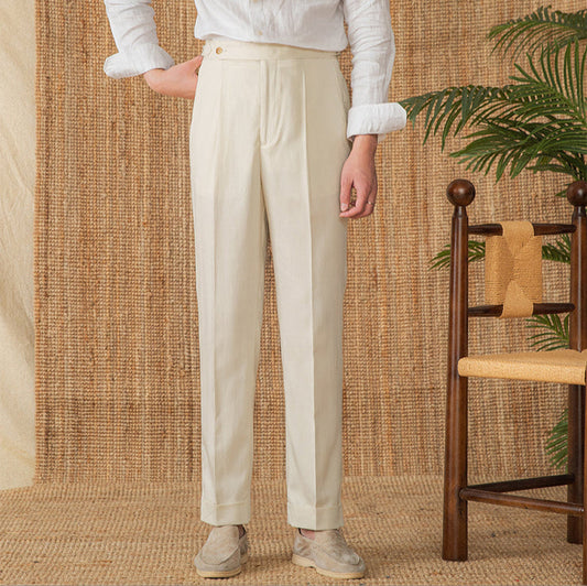 Marbella Cotton Linen Straight Fit Pleated Trousers