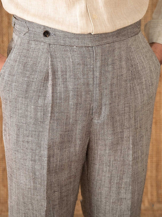 New York Cotton Linen Herringbone Straight Fit Pleated Trousers